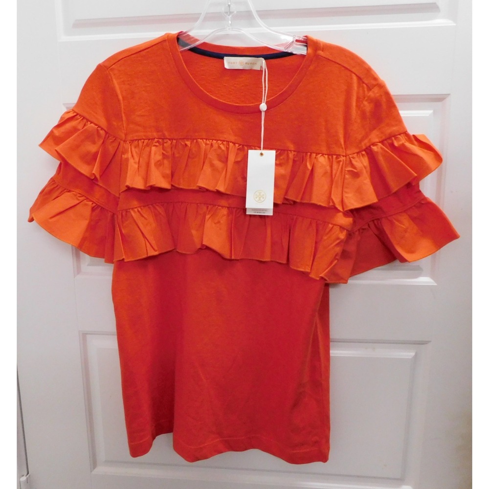 Tory Burch Top Red Orange Ruffle Sleeve Cotton Short Sleeve Style 36111 sz M NWT